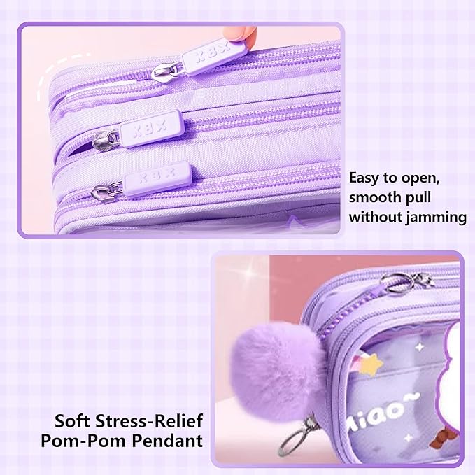 UINSUE Cute Pen case Adorable Bunny Transparent 3-Layer Large Capacity Pencil Case Gadget organizer with Lovely Stickers (Purple-Doggy)
