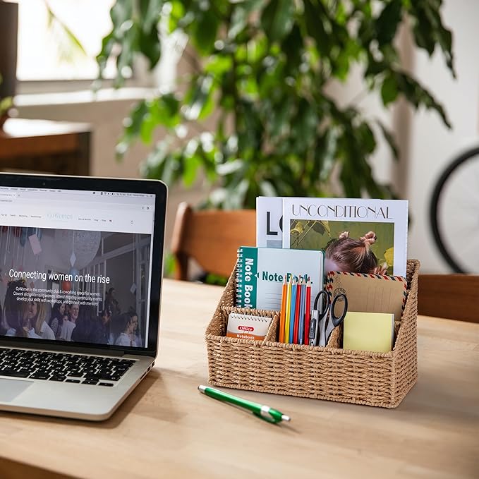DINGTAI Rattan Desk Organizer, Tabletop Mail Holder, 5 Slot Mail Organizer Countertop Basket, Rattan Office Supplies, Boho Office Desk Accessories, Wicker Desk Organizer, Magazine Holder（Wicker）