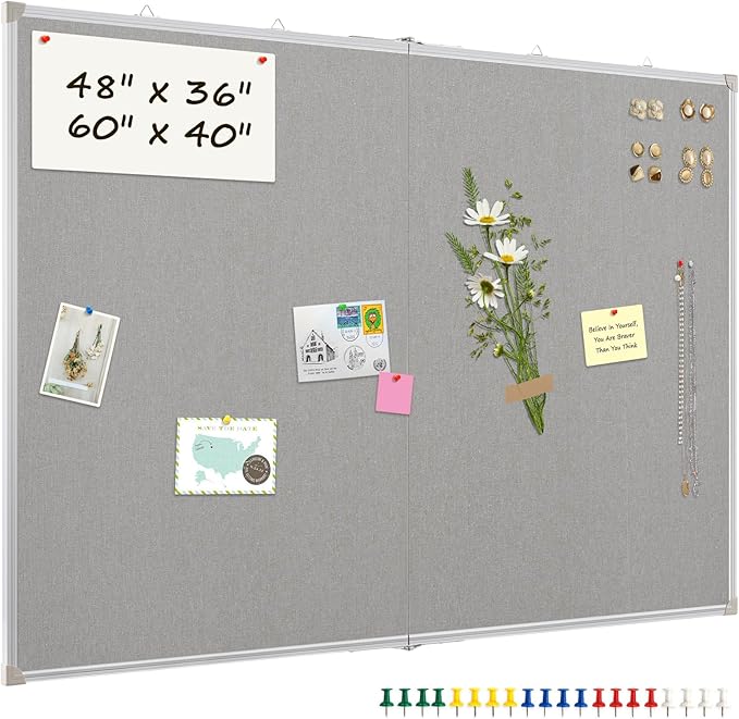 AMUSIGHT Double-Sided Large Cork Board with Linen, 60" x 40" Foldable Hanging Aluminum Framed Bulletin Board, Vision Board Pin Board Corkboards for Walls, Office, School Decor, 20 Pushpins