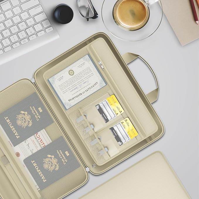 Fireproof File Organizer with Lock, Hard-Shell Case Fireproof Document Box with 13 Pockets Accordion File Folder, Important Document Organizer for Letter A4 Files Laptop Passports (Beige)