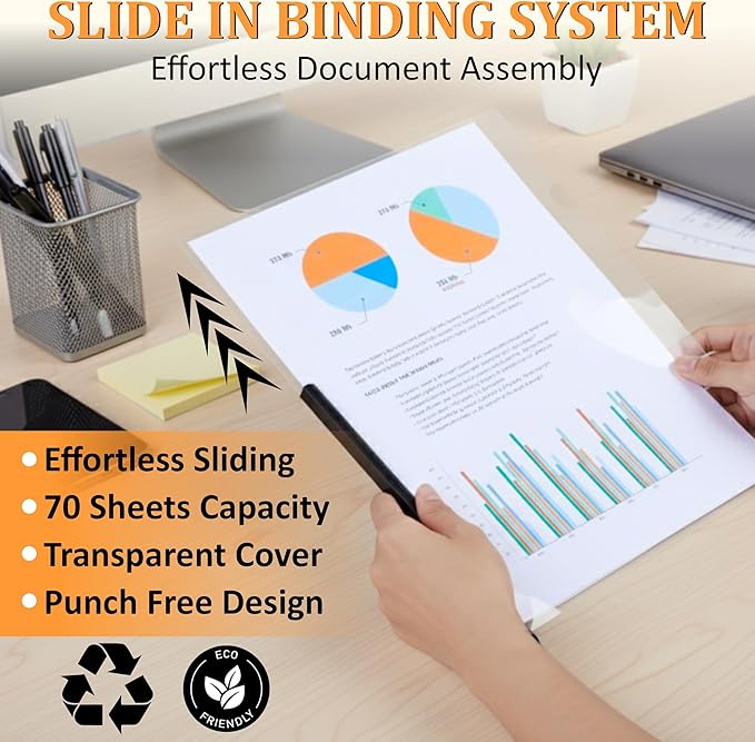 20 Pack Report Covers with Sliding Bar - Clear Plastic Presentation Folders for A4 & Letter Size Paper, 70 Sheet Capacity File Document Binder for School, Office, Resume & Business Use