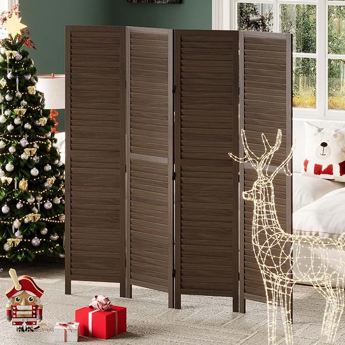 Room Dividers and Folding Privacy Screens, Wood Louvered Separators Divider Wall for Home Office Bedroom - 4 Panels, 67 * 60inch (Brown)