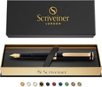 Scriveiner Luxury EDC Fountain Pen (Fine), Stunning Black Pocket Pen with Real Gold Finish, Schmidt Gilded Nib, Ink Converter, Best Writing Gift Set for Men & Women, Nice Fancy Office Designer Gift