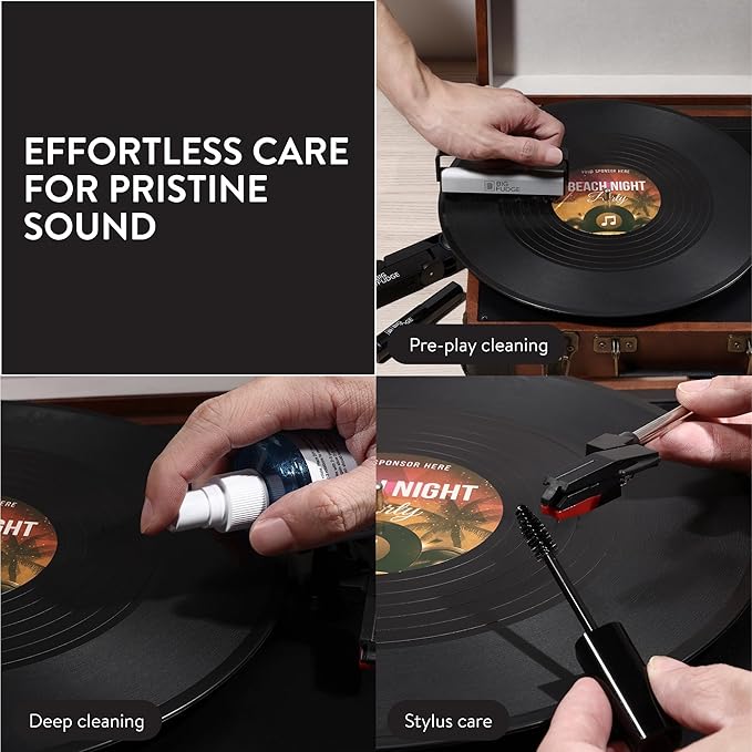 Big Fudge Complete Vinyl Record Cleaning Kit - 6-in-1 Vinyl Cleaner - incl. Carbon Fiber Brush, Stylus Cleaner, Drying Stand, Microfiber Cloth & Towel - Record Player Accessories
