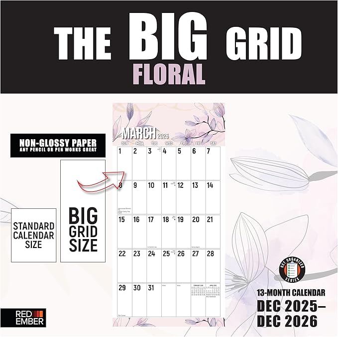 RED EMBER The Big Grid - Floral 2026 Wall Calendar 12 Month | 12" x 24" Open | Thick & Sturdy Paper | Holiday Gift | Jumbo Large Print Nature Calendar 2026