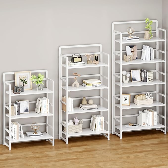 THKKY No Assembly Folding Bookshelf, 5 Tiers Collapsible Book Shelf for Home Office, Vintage Wood Foldable Bookcase Storage Organizer for Living Room Bedroom (White)
