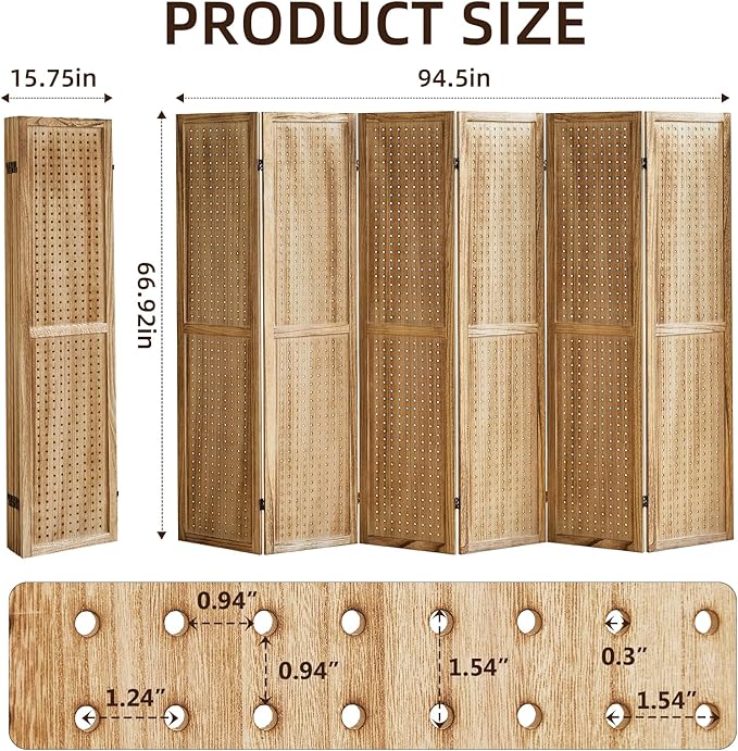 Aleesing 6 Panel Pegboard Display with 24 Hooks, Pegboard Room Divider and Folding Privacy Screens, Partition Room dividers, Wooden Room Divider Wall, Jewelry Store, Bedroom, Balcony, Light Brown