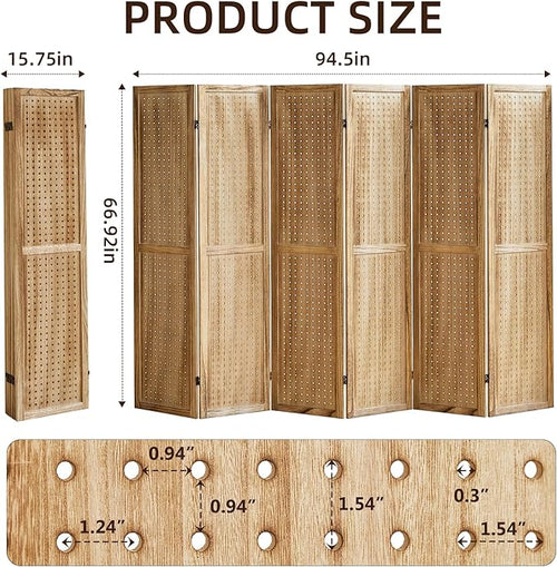 Aleesing 6 Panel Pegboard Display with 24 Hooks, Pegboard Room Divider and Folding Privacy Screens, Partition Room dividers, Wooden Room Divider Wall, Jewelry Store, Bedroom, Balcony, Light Brown