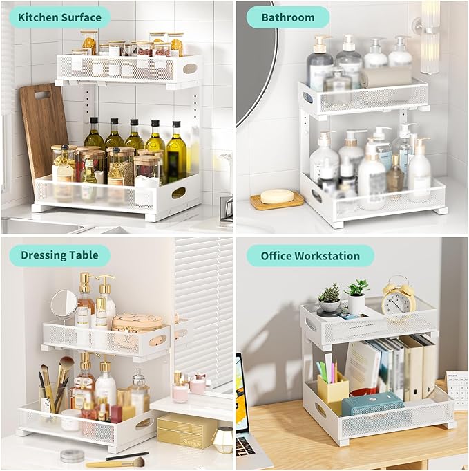 Beleeb Under Sink Organizer, Extra-Wide Upgrade, 1 Pack 2 Tier Metal Slide Out Cabinet Organizer, Height Adjustable Organization and Storage Series, Bathroom/Cabinet/Kitchen organization, White