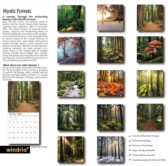 2026 Wall Calendar,Calendar 2026, November 2025 - December 2026, Wall Calendar Mystic Forests, 12" x 24" Opened,Full Page Months Thick & Sturdy Paper for Gift Perfect Calendar Organizing & Planning