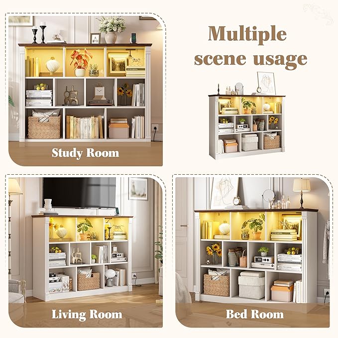 EnHomee 10 Cube Storage Organizer with LED Light and Charging Station Wood Cube Shelf White Bookshelf for Bedroom Living Room,Office,White