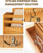 Rebee Vision Modern Farmhouse Mail Organizer with Drawer Organizer - Rustic Key and Mail Holder for Wall with 7 Key Hooks for Apartment Essentials - Aesthetic Home Decor (Light Brown)
