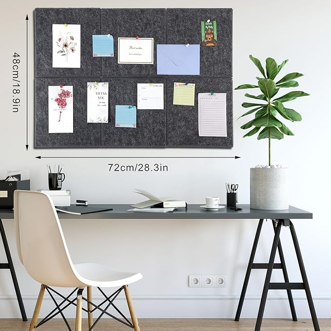 Large Cork Board 28" x 19", 6 Pack Felt Wall Tiles with Colored Pushpins, Bulletin Boards with Removable Self-Adhesive Strips, Pin Board Cork Boards for Walls Office Home-Dark Gray