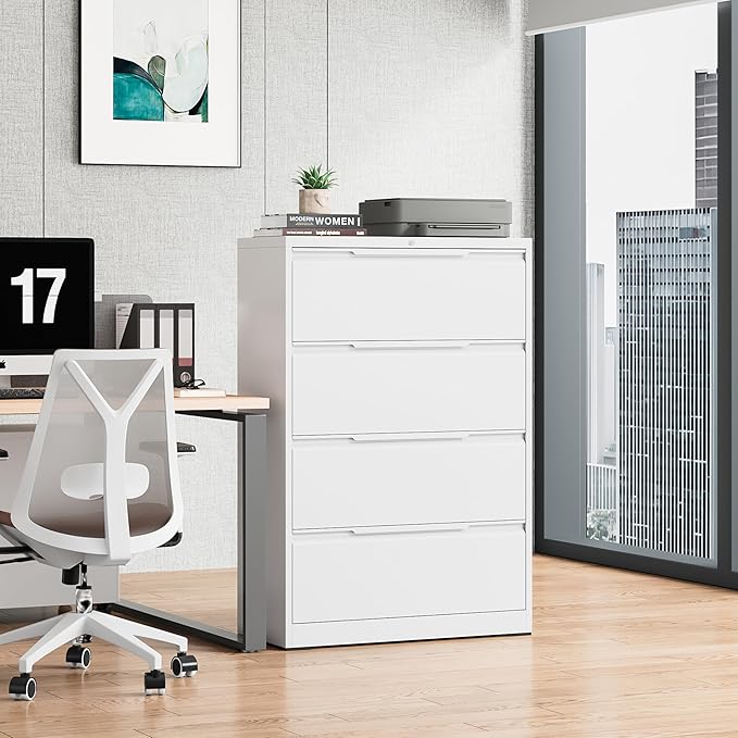 Bestoo 4-Drawer Lateral File Cabinet with Lock, Filing Cabinet for Home Office, Metal File Storage Cabinets, Fits File Folders, Letter/Legal/F4/A4 Sizes, Assembly Required (White)