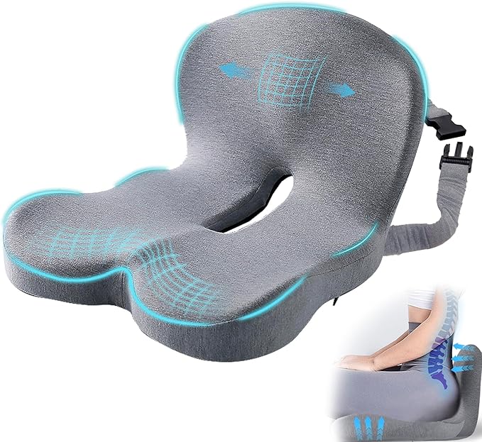 Mosxoed Ergonomic Seat Cushion with Adjustable Strap, Memory Foam Office Chair Seat Cushion with L-Shaped Design, Car Seat Cushion Fits for Truck Driver Semi Truck, Gaming Chair, Desk, Light Gray