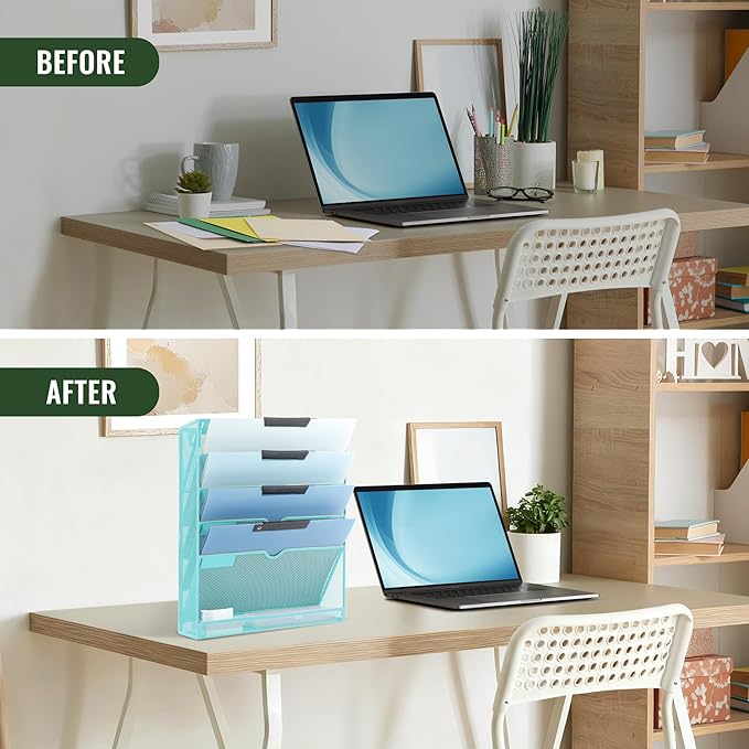 EASEPRES 6 Tier Mesh Hanging Wall File Organizer, Desk Vertical Mail Paper Document Folder Holder Rack with Bottom Tray and Nametag Label for Office Home School, Blue