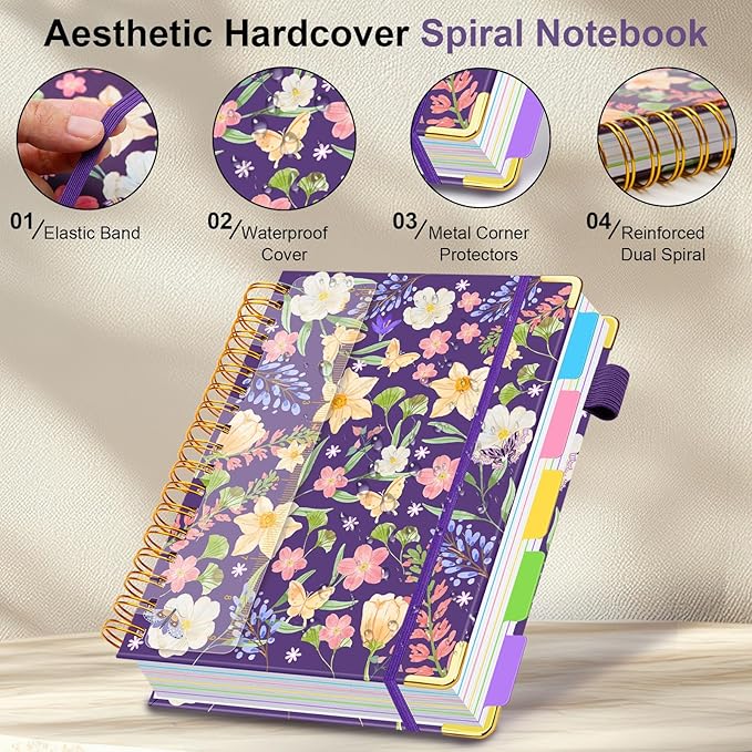 Spiral Journal Notebooks for Work, 300 Pages 5 Subject Notebook College Ruled with Dividers & Tabs, 8''x 10'' Large Notebook Journal for Women Students Note-Taking and Organizer (Purple Floral)