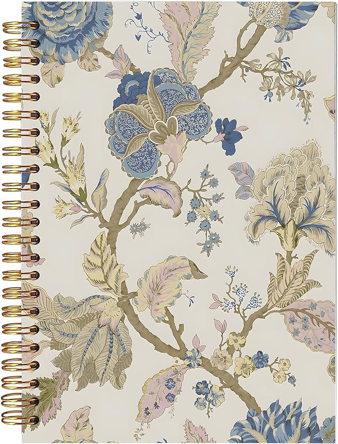 BitKan Vintage Blue Floral Spiral Notebook, Classic English Cottagecore Floral Journal, Pretty Flower Journal for Women, Traditional Botanical Flower Notebook 5.5x8.3 Inch-371