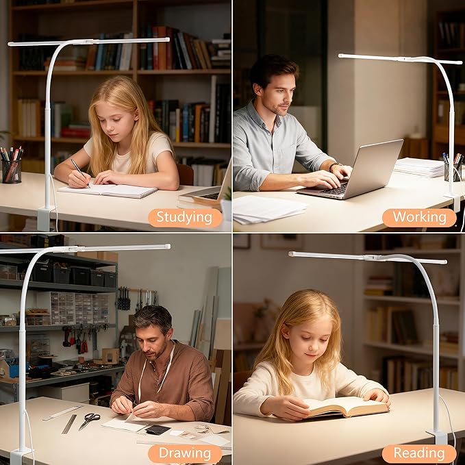 FAPEMIH Dual-Head LED Desk Lamp for Office Home, Adjustable Flexible Eye-Caring Desk Light, 5 Modes 10 Brightness Adjustment, USB Adapter Desk Lamp with Clamp-ST-W