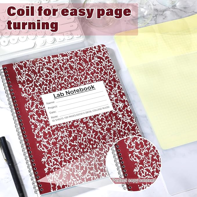 Affrolling 2 Pack Carbonless Lab Notebook Carbon Copy 8.5'' x 11'' 50 Sets of Pages 100 Pages Total Laboratory Engineering Chemistry Computation Notebook Science Grid Coil Binding(Wine Red and White)