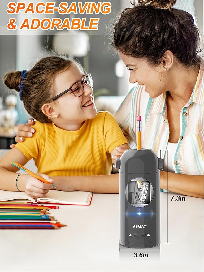 AFMAT Electric Pencil Sharpener, Fully Automatic Pencil Sharpener for 7-11.5mm Colored/Jumbo Pencils, Auto in & Out, Rechargeable Hands-Free Pencil Sharpeners for Classroom Home Office PSX5, Gray