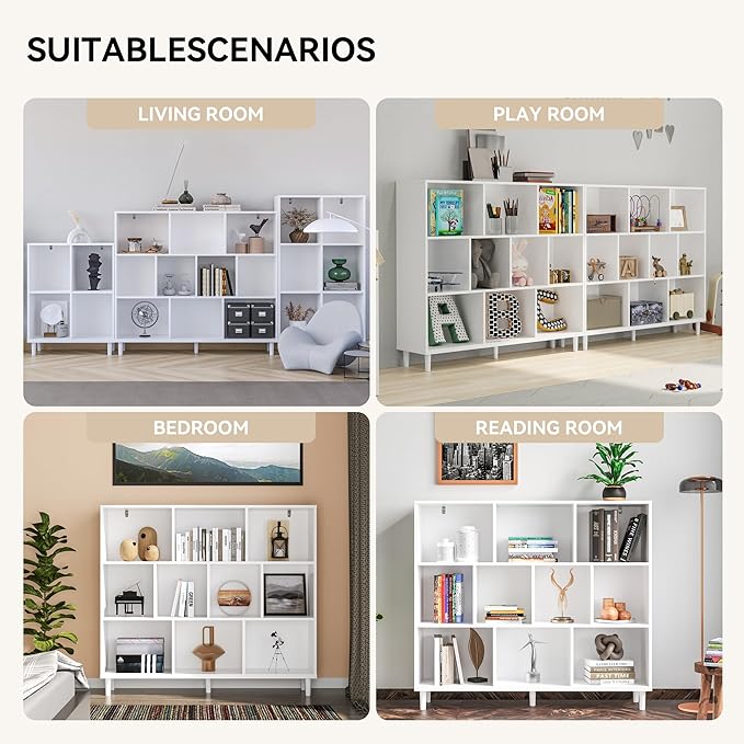 Chyanmoo Wood Cube Storage Organizer White Bookshelf - 3-Tier Freestanding Storage Cabinet with Legs for Home Office, 10-Cubes Open Shelf