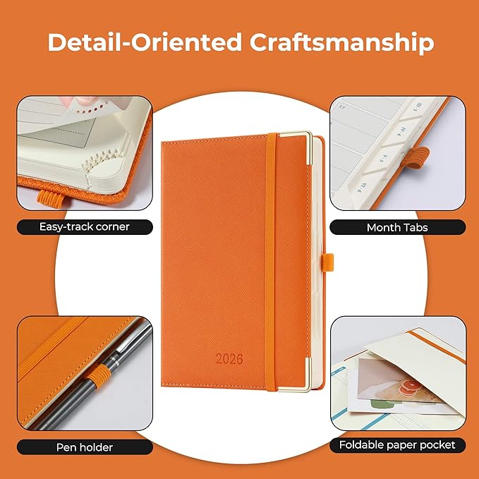 IN-LUXPRO Daily Planner 2026 with One Page Per Day,(A5-8.5" x 5.9"),12 Months Calendar Hourly Appointment Book Monthly Tabs & Self-adhesive Pen Holder,Inner Pocket, Vegan Leather Hardback,Orange
