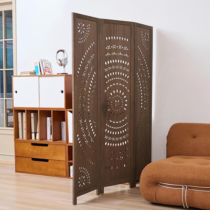 66.9Inch Folding Room Divider, 3 Panels Wood Carved Privacy Screens, Free Assembled Freestanding Partition for Home Office Restaurant Bedroom (Brown)