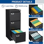 Fesbos Vertical File Cabinets - 3 Drawers 17.8" Deep Lockable Filing Cabinet - Metal Storage Cabinets for Home Office to Hanging Files Letter/Legal/F4/A4 Size