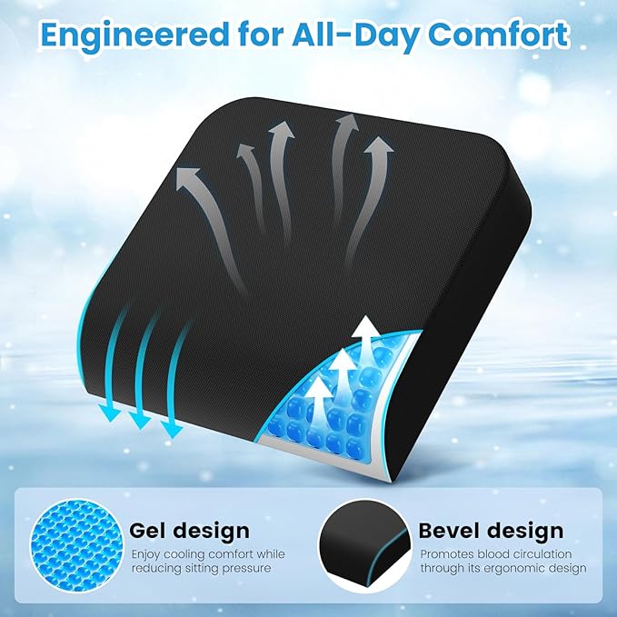 ComfyInLove Wheelchair Seat Cushion - Cooling Gel & Memory Foam Office Chair Cushion with Non-Slip Bottom & Washable Cover, Ergonomic Car Seat Pillow for Sciatica, Tailbone, Back Comfort (Black)