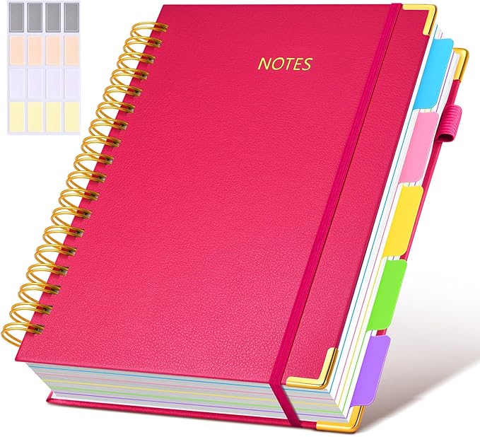 Hardcover Spiral Notebook Journal with Removable Dividers Tabs, 300 Pages Leather 5 Subject Notebook College Ruled, 8"x10" Large B5 Notebooks for Work School Note taking, Lined Journal for Women, Rose