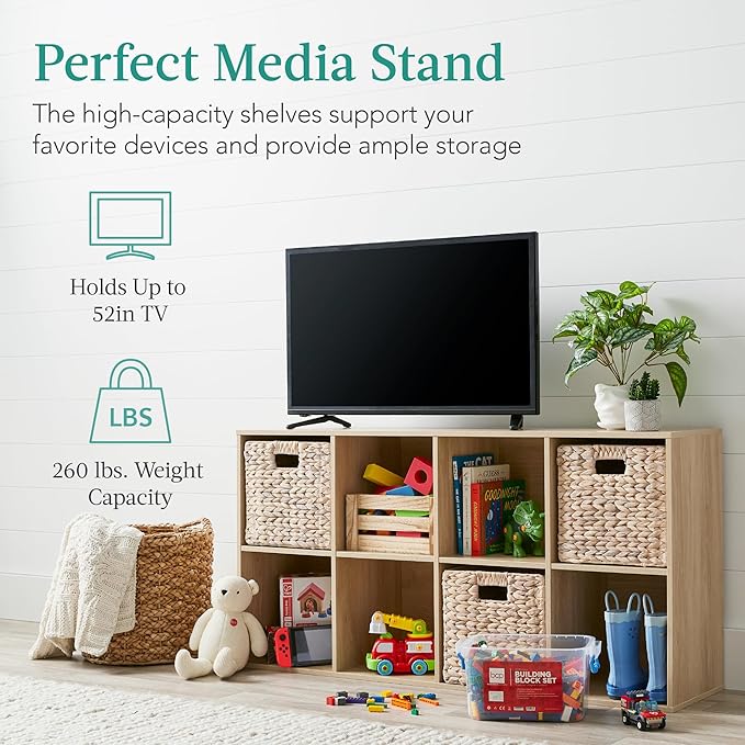 Best Choice Products 8-Cube Storage Organizer, 13.5in Shelf Opening, Bookcase, Display Shelf, Customizable w/ 2 Removable Back Panels – Light Oak