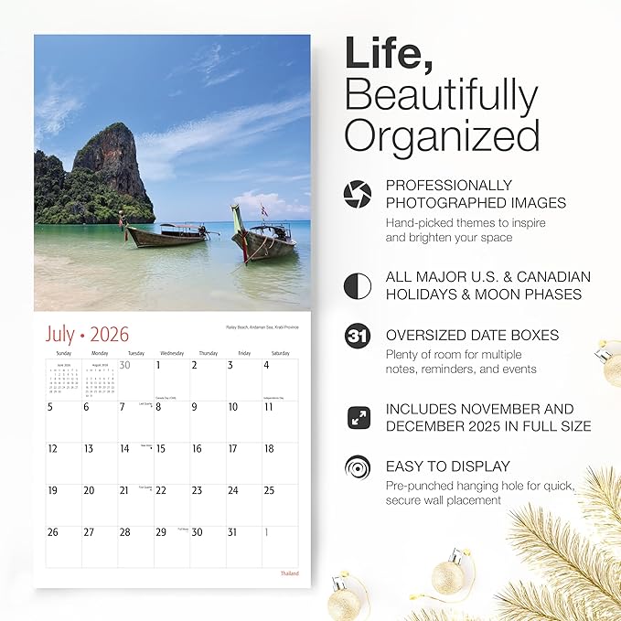 RED EMBER Thailand 2026 Wall Calendar 12 Month | 12" x 24" Open | Thick & Sturdy Paper | Holiday Gift | Travel Calendar 2026