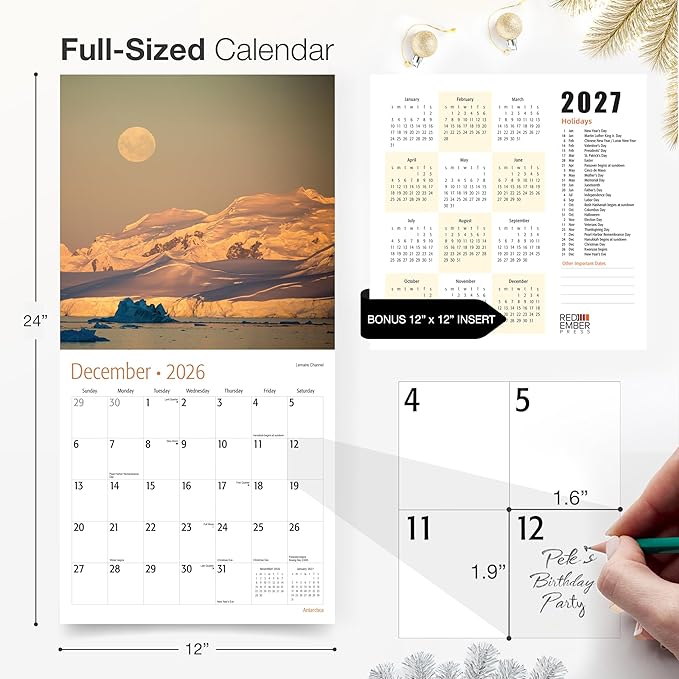 RED EMBER Antarctica 2026 Wall Calendar 12 Month | 12" x 24" Open | Thick & Sturdy Paper | Holiday Gift | Travel Calendar 2026