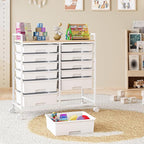 Rolling Storage Cart with 12 Drawers, Wooden Tabletop Utility Cart for Craft Storage, Art Supply Storage & Home Office Organization, Teacher Cart with Wheels for Classroom, School (White)