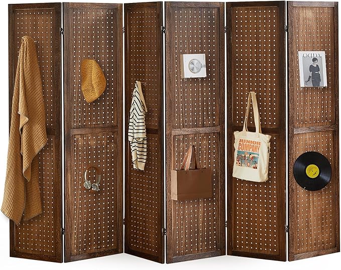 Aleesing 6 Panel Pegboard Display with 24 Hooks,Partition Room dividers, Wooden Room Divider Wall and Folding Privacy Screens, Pegboard Room Divider, Bedroom, Balcony, Dark Brown
