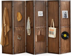 Aleesing 6 Panel Pegboard Display with 24 Hooks,Partition Room dividers, Wooden Room Divider Wall and Folding Privacy Screens, Pegboard Room Divider, Bedroom, Balcony, Dark Brown
