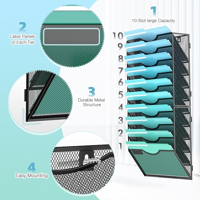 Gawerk 10-Tier Wall File Organizer Hanging Wall File Holder Wall Mount Paper Folder Organize, Mesh Magazine Document Mail Organizer Wall Organizer for Office School Home, Black
