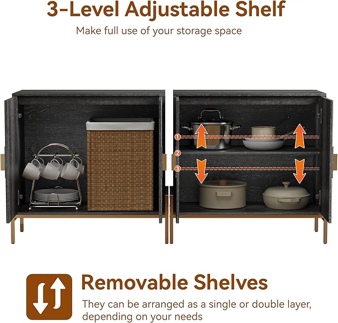 HOCAT 30.7" Accent Cabinet, Modern Buffet Cabinet with Gold Metal Legs, Fluted Sideboard for Dining Room, Kitchen, Darkgrey