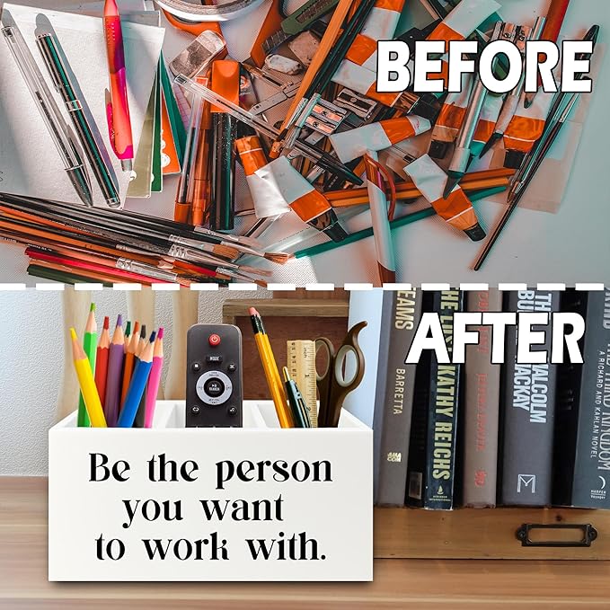 XPH Be the Person You Want to Work with White Pen Pencil Holder Organizer for Desk, Inspirational Gifts for Women Men, Motivational Wooden Box Sign for Home Office Desk Tabletop Decorations