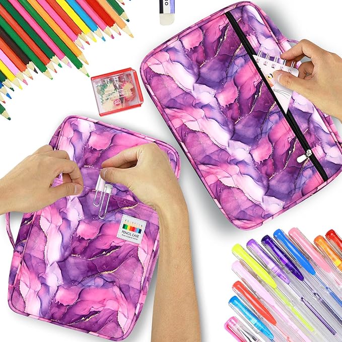 YOUSHARES 300 Slots Colored Pencil Bag - Handy Large Capacity Oxford Multi-Layer Zipper Pencil Bag for Prismacolor Colored Pencils & Gel Pen (Marble Purple)