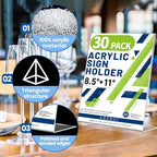 Aheroi Acrylic Sign Holder 8.5 x 11, 30Pcs Plastic Sign Holder 8.5 x 11 Standing, Clear Paper Holders Acrylic Paper Document Holders, Plastic Stands Flyer Display,Office School Table Supplies