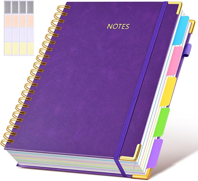 Hardcover Spiral Notebook 8.5"x11" Journal with Removable Dividers Tabs, 300 Pages Leather 5 Subject Notebook College Ruled, Large Notebooks for Work School, Lined Journal for Women, A4 Dark Purple