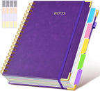 Hardcover Spiral Notebook 8.5"x11" Journal with Removable Dividers Tabs, 300 Pages Leather 5 Subject Notebook College Ruled, Large Notebooks for Work School, Lined Journal for Women, A4 Dark Purple