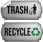 Recycle and Trash Stickers for Trash Cans - Stainless Steel Style Vinyl Recycling Bin Labels - 2 Pack - 6.5" by 3" Decals Logo - Waste Signs for Home Kitchen or Office Bins Indoor/Outdoor Use