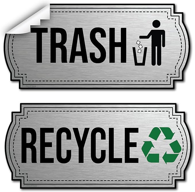 Recycle and Trash Stickers for Trash Cans - Stainless Steel Style Vinyl Recycling Bin Labels - 2 Pack - 6.5" by 3" Decals Logo - Waste Signs for Home Kitchen or Office Bins Indoor/Outdoor Use
