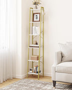 Hzuaneri Ladder Shelf, Bookshelf Bookcase, Freestanding Corner Storage Shelve with 2 Hooks for Home Office, Living Room, Kitchen, Bedroom, Industrial, 11.8" D x 13.4" W x 72.8" H,White Gold BC13313G