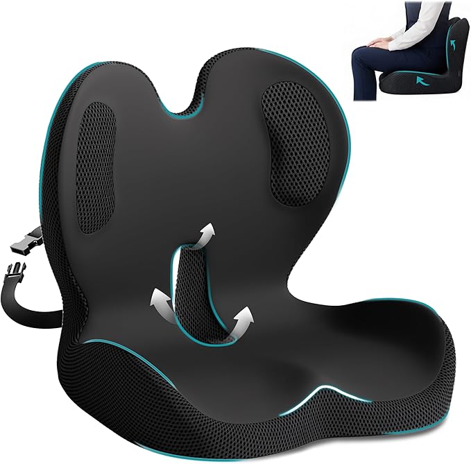Memory Foam Seat Cushion,Office Chair Cushion with Lumbar Support,L-Shape Ergonomic Cushions with Strap,Non-Slip Sciatica,Hemorrhoids, Tailbone Pain Relief for Office Workers,Driver (Black+Ice Silk)