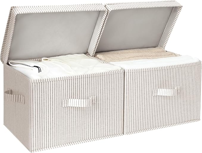 StorageWorks Fabric Storage Bins with Lid, Decorative Storage Boxes for Shelves, Stackable Closet Organizer Basket with Handles, Large, Stripes, 2-Pack