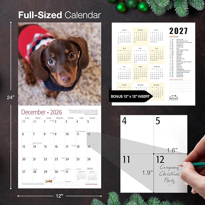 MICASA PRESS Dachshund Puppies 2026 Wall Calendar 12 Month | 12" x 24" Open | Thick & Sturdy Paper | Holiday Gift | Cute Puppy Weiner Dog Calendar 2026
